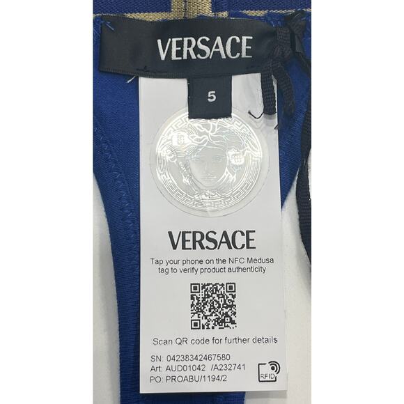 M2-36 VERSACE Women's Sexy Greca Thong Cotton Stretch Blue Size 5/XL - Picture 5 of 9